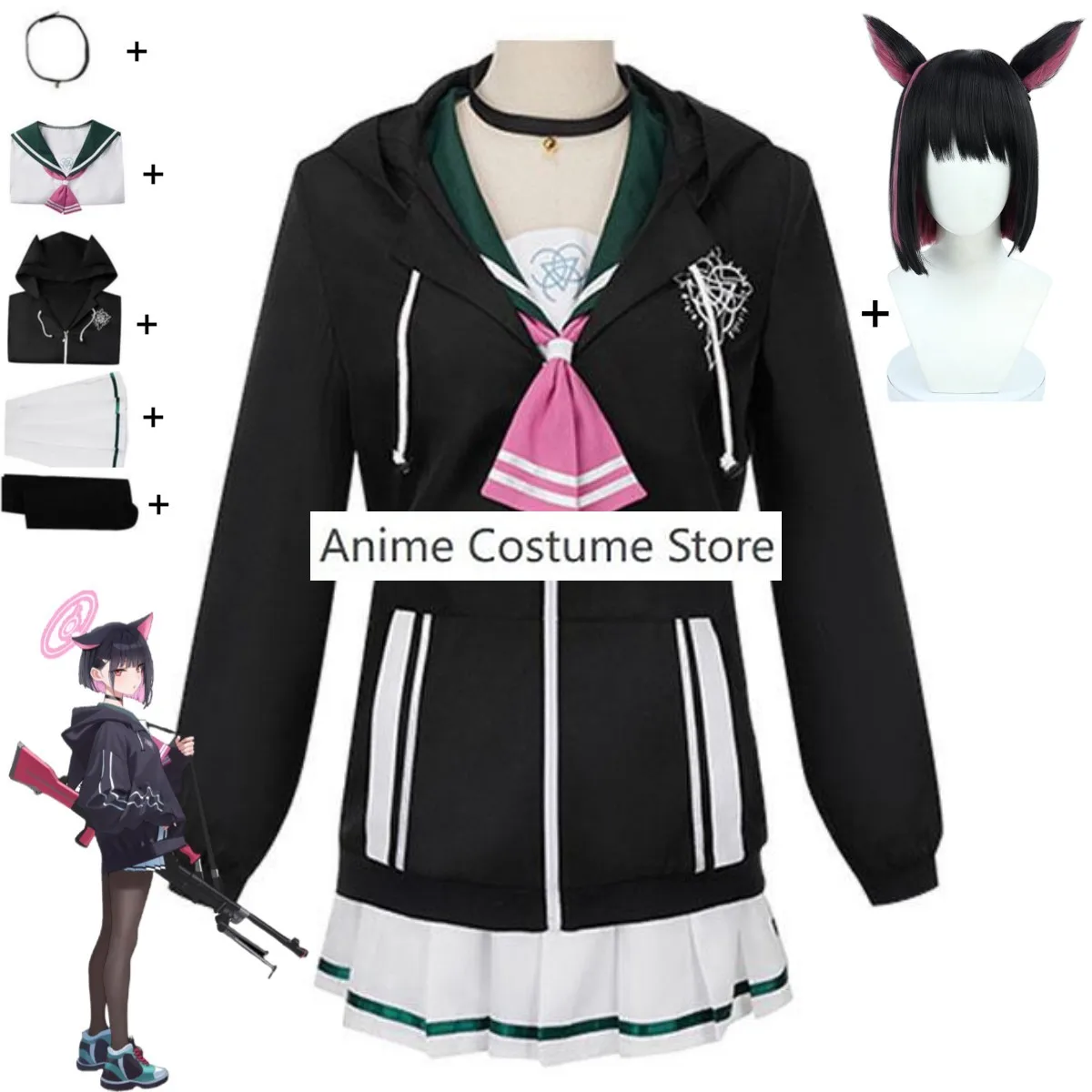 Anime Game Blue Archive Kyoyama Kazusa Cosplay Costume Black Hooded Sportswear Coat Skirt Wig Woman Sexy Party Carnival Suit