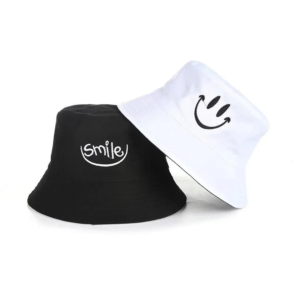 Unisex Bucket Hat Smile Embroidery Women Cotton Corduroy Double-Sided Bob Hip Hop Hat Four Season Panama Beach Fishing Sun Caps