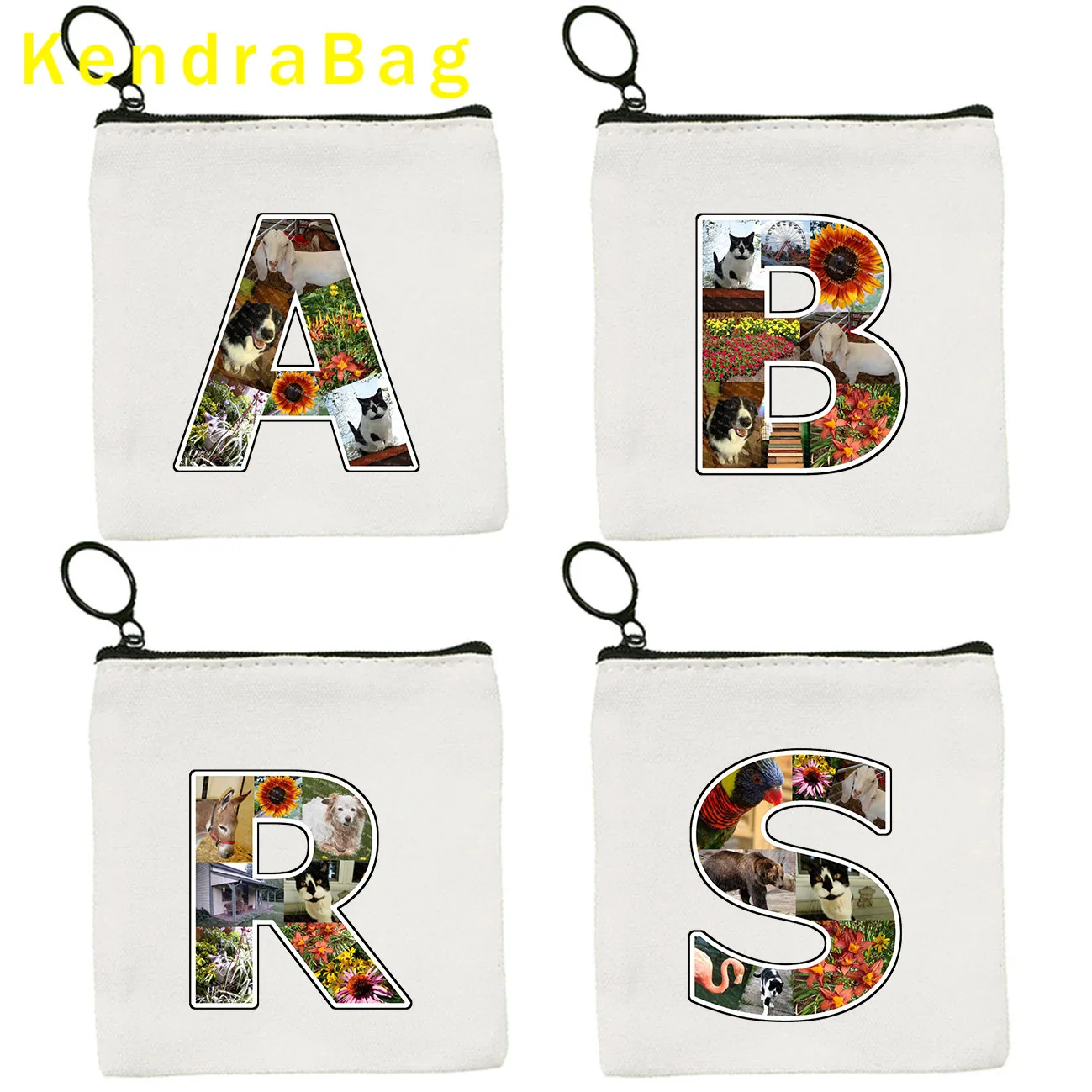 Hibiscus Flower Letter Monogram Initial Alphabet Custom Photo Collage Gifts Canvas Coin Purse Key Case Bags Wallet Zipper Pouch