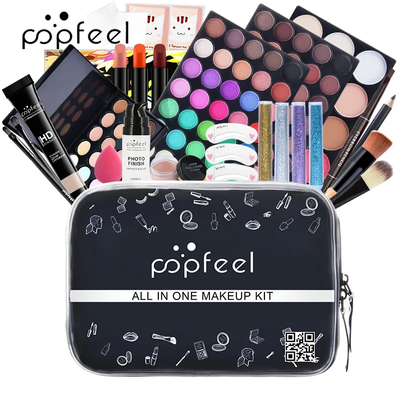 All in One Makeup Kits Eyeshadow Lipstick Powder Puff Cosmetics Kit Makeup Set with Storage Bag Eyebrow Pencil Brush Lip Gloss