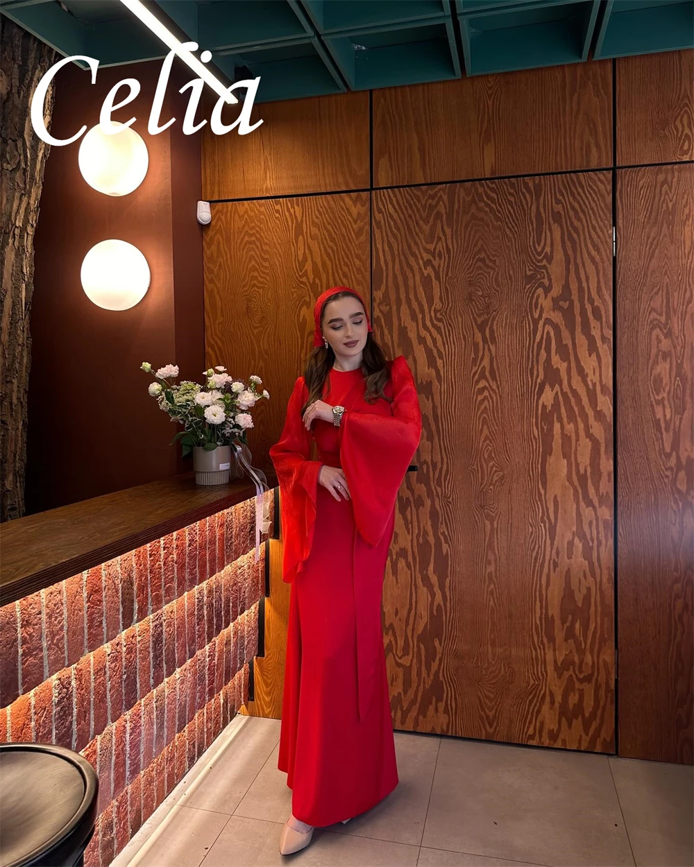 Customized Simple Red Jersey Prom Dress High Quality O-Neck Long Sleeves Evening Dress Exquisite Luxury Homecoming Dresses