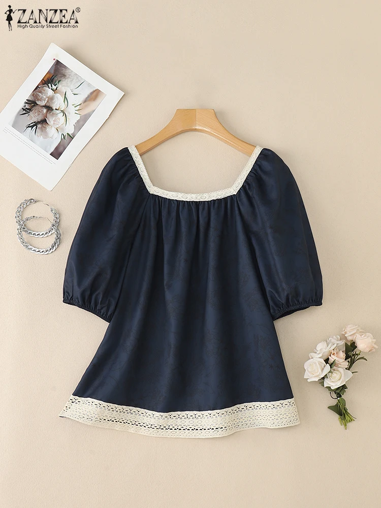 2025 ZANZEA Summer Printed Shirt Elegant Women Square Neck Puff Sleeve Blouses Stylish Holiday Tops Casual Lace Patchwork Blusas