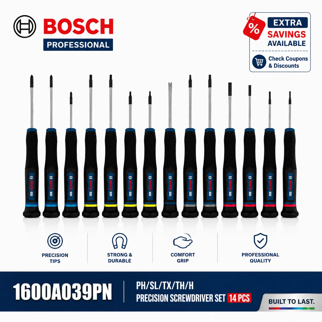 BOSCH 14Pcs Precision Screwdriver Set S2 Steel Torx Security Torx Phillips Slotted Hex Hand Tools for Electronics Repair DIY