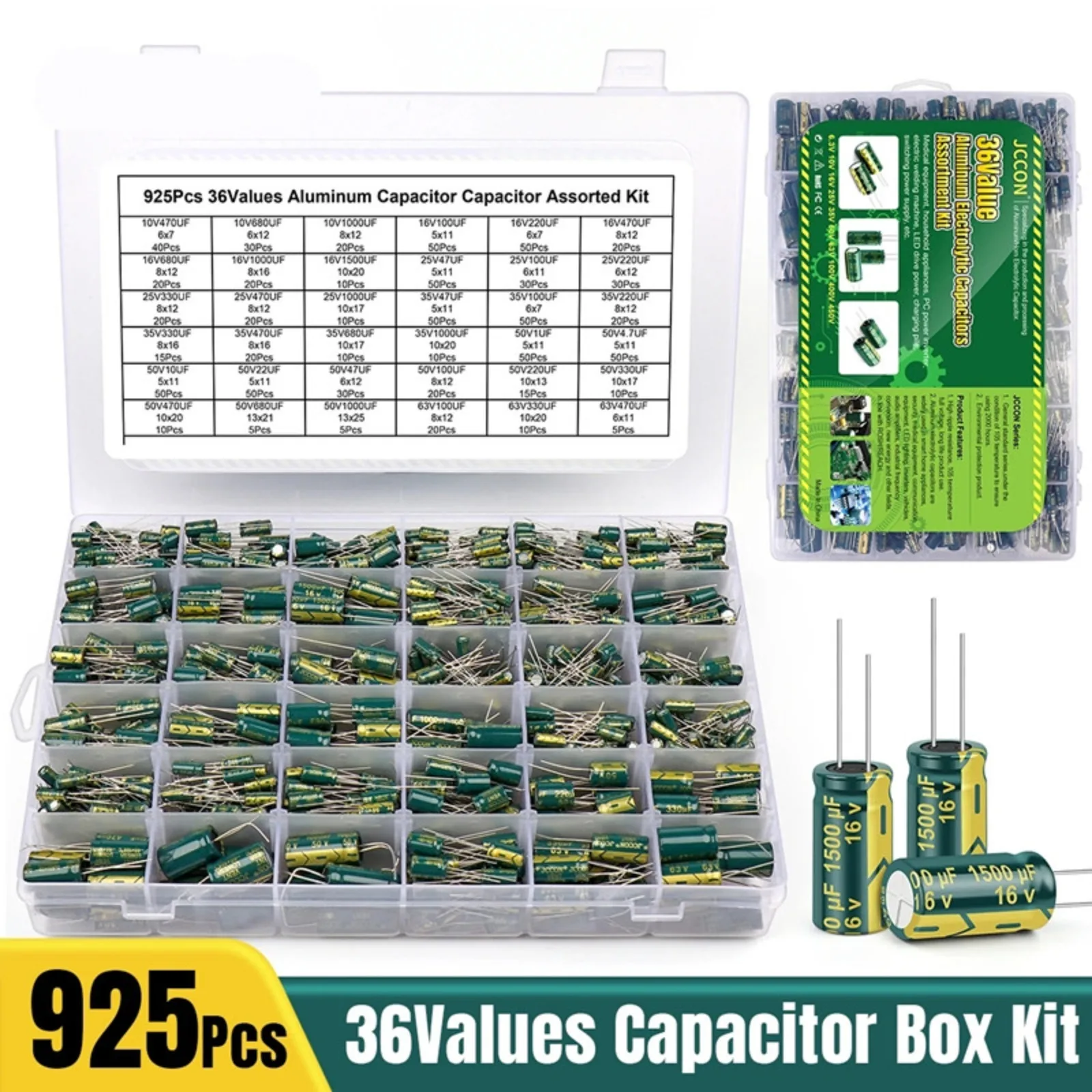 925PCS-Green 36 Values Resistance of 10V470uF-63V470uF High-frequency Aluminum Electrolytic Capacitor Sample Package