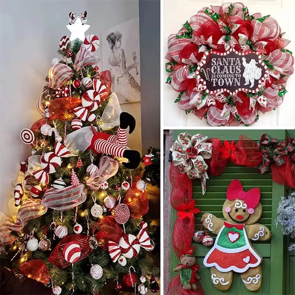 26x10cm halaman DIY merah & putih permen tongkat dekorasi buatan tangan Natal karangan bunga pohon garis Mesh bahan membuat ornamen natal