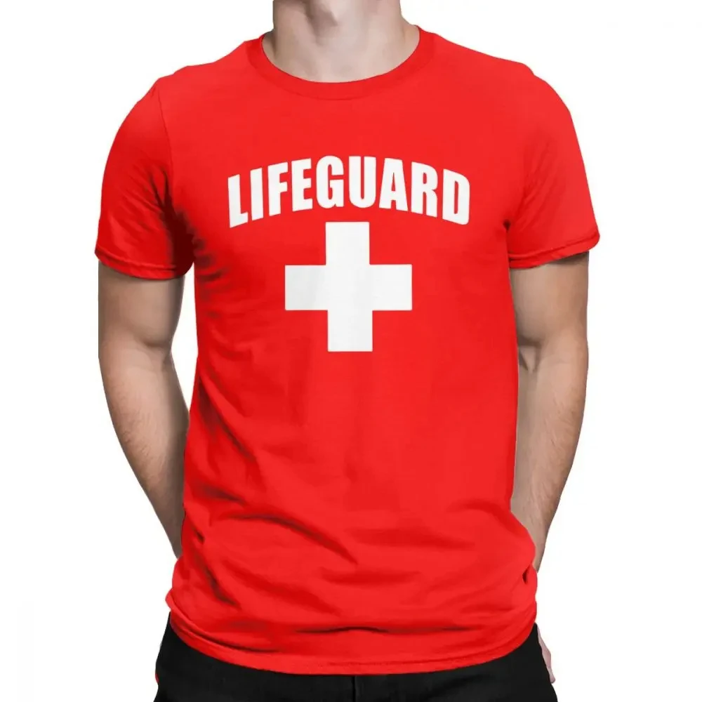 Funny Lifeguard T-Shirts Men Round Collar Cotton T Shirt Red Lifeguarding Unisex Uniform Tees Gift Tops Europe Streetwear