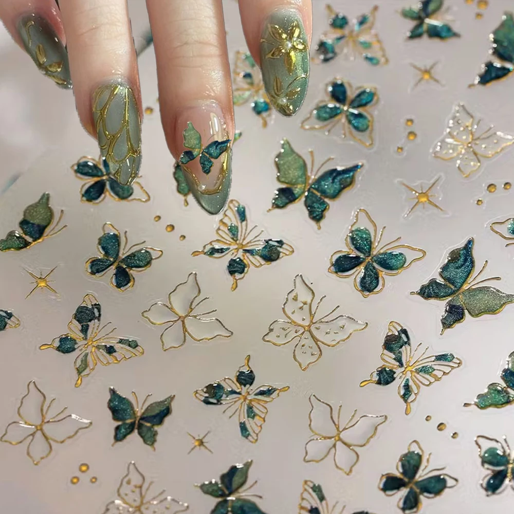 5D ブルーグリーン宝石蝶ネイルステッカーブロンズクリスタルゼリー蝶自己粘着ネイルデカールグリッター蝶ネイルデコレーション