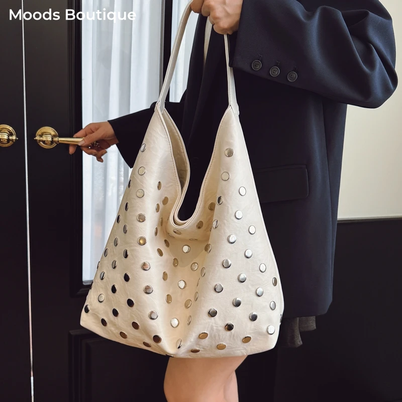 

Dot Rivets Decor Underarm Shoulder Bags For Women Soft PU Leather Pure Color Large Capacity Shopper Totes Casual Street Handbags
