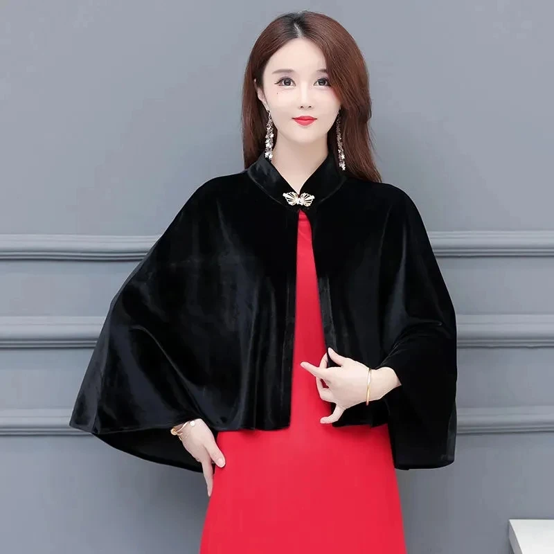 Golden Velvet Cold proof Cloak Coat Ancient Splicing Temperament Warmth Short Small Fragrant Style  Shawl Jacket Spring Autumn