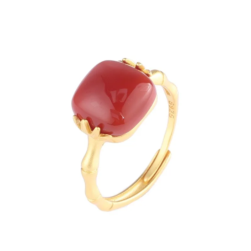 JZ225 ZFSILVER Silver S925 Fashion Trendy Gold South Red Agate Hetian Jade Amber Bamboo Leaf Square Ring For Women Wedding Party