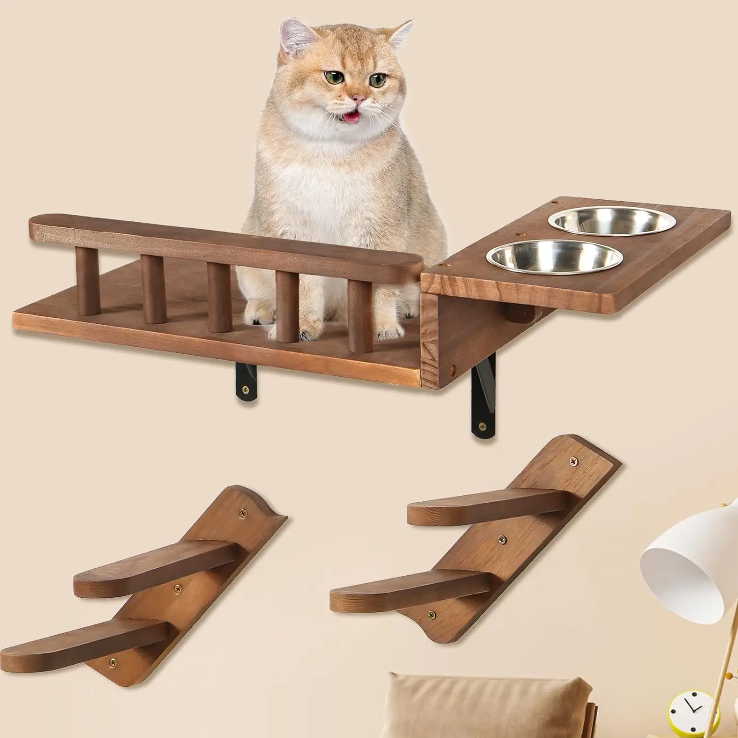 

pet Food Shelf Cat Wall Mounted Shelf Cat Feeding Shelf with Steps 2 Food Bowl and Cat Ladder