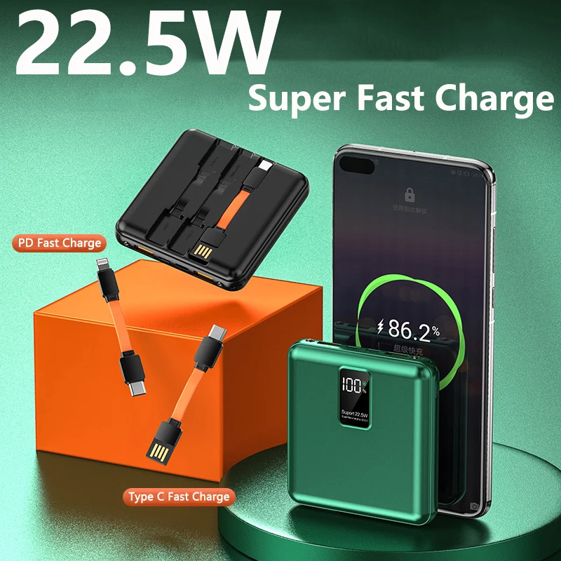 

Mini Power Bank 20000mAh Built in Cable 22.5W Fast Charger Powerbank for iPhone 16 Samsung Huawei Xiaomi External Spare Battery