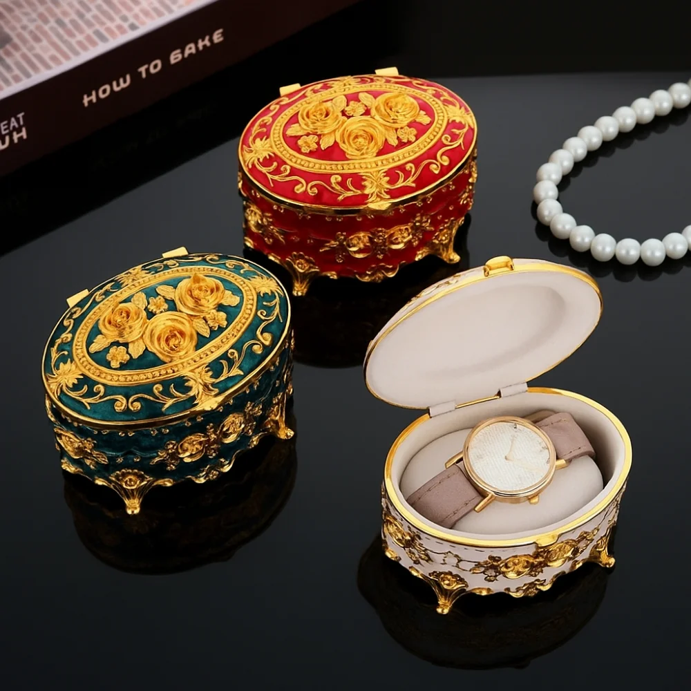 

Necklace Case European Style Metal Jewelry Box Oval Vintage Rose Enamel Box Zinc Alloy Earring Display Box Desk Storage