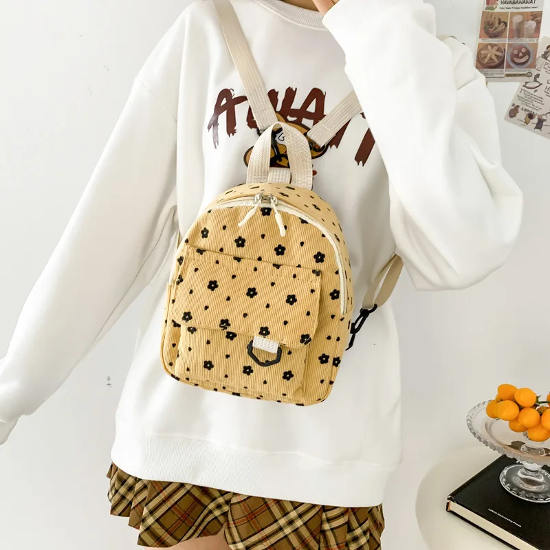 

Women's Mini Corduroy Backpack with Black Floral Print, Cute Small Daypack, Casual Shoulder Bag for Daily & Travel