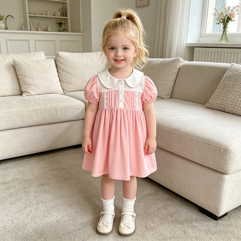 2026 Sommer Neues Mädchen-Spitzenkleid 2-6 Jahre Kurzärmeliges Rosa Prinzessinnenkleid Stilvolle Kinderkleidung