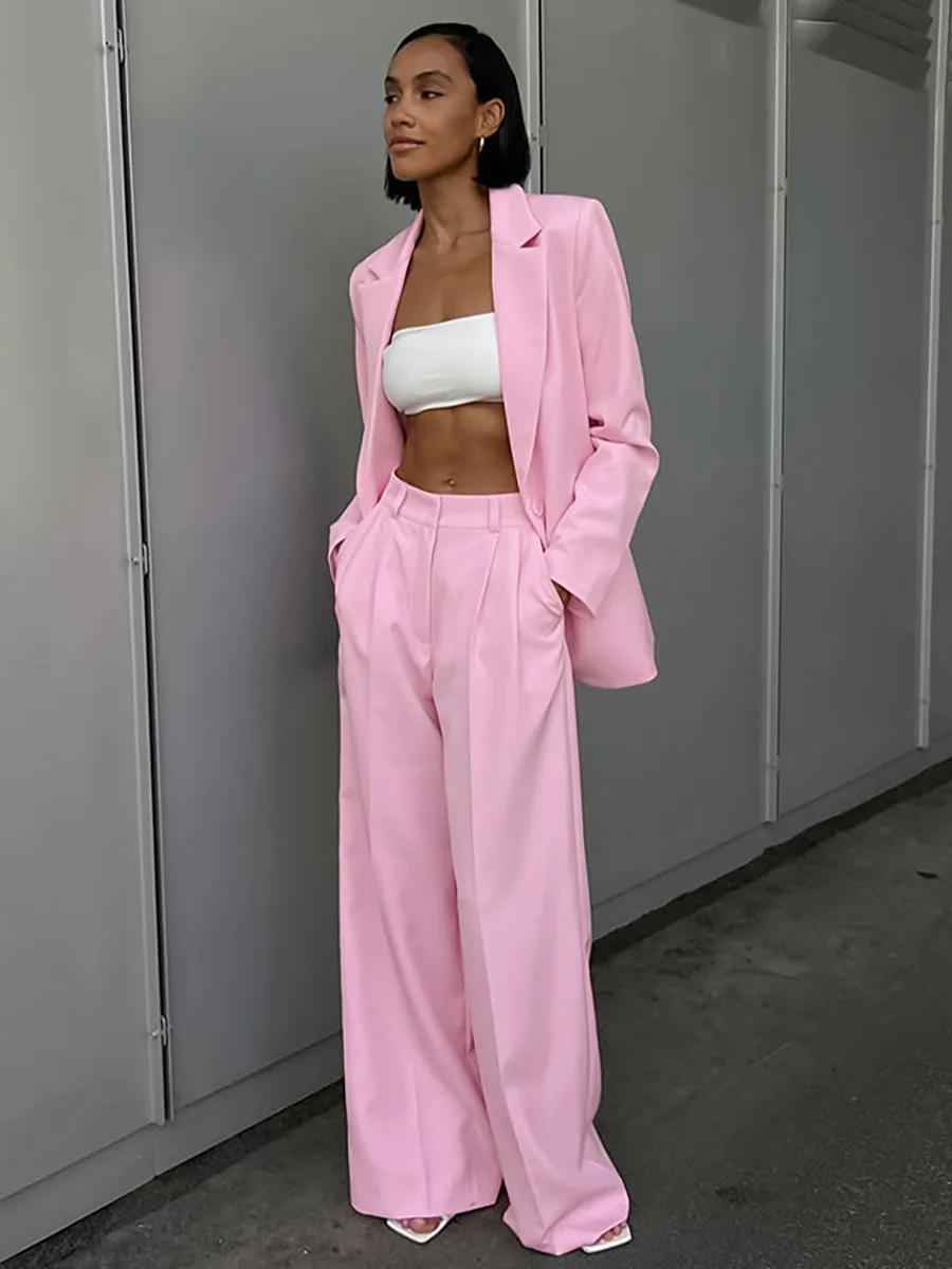 Tesco Pink Casual Suit For Women Sets 2 Piece Loose One Button Blazer Fashion Straight High Waist Wide Leg Long Pants For Party