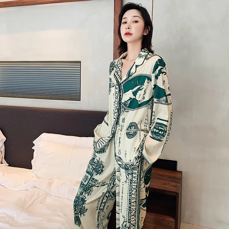 Luxury Print Women\'s Pajama Set Satin Spring Autumn Ladies Sleepwear 2 Pcs Wiht Pant Silk Like Pijamas Suit For Female