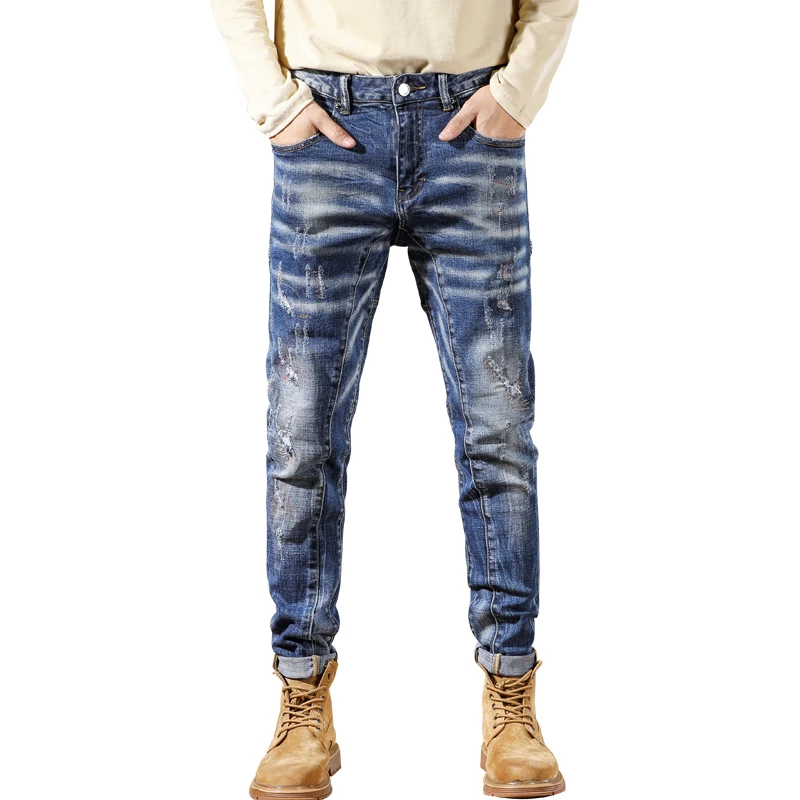 

Ripped Hole Jeans Men Autumn Pop Fashion Korean Version Washed Vintage Feet Pants Trendy Male Streetwear Trousers