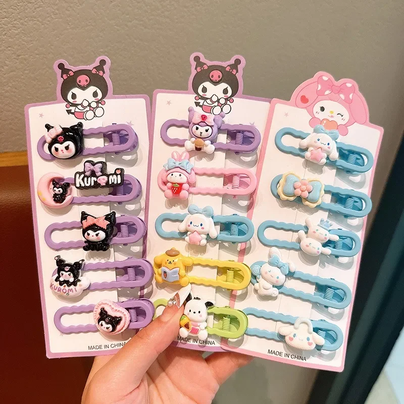 5 buah klip rambut Sanrio Hello Kitty untuk wanita lucu kartun Kuromi Cinnamoroll mode Gadis bebek klip hadiah Aksesori rambut