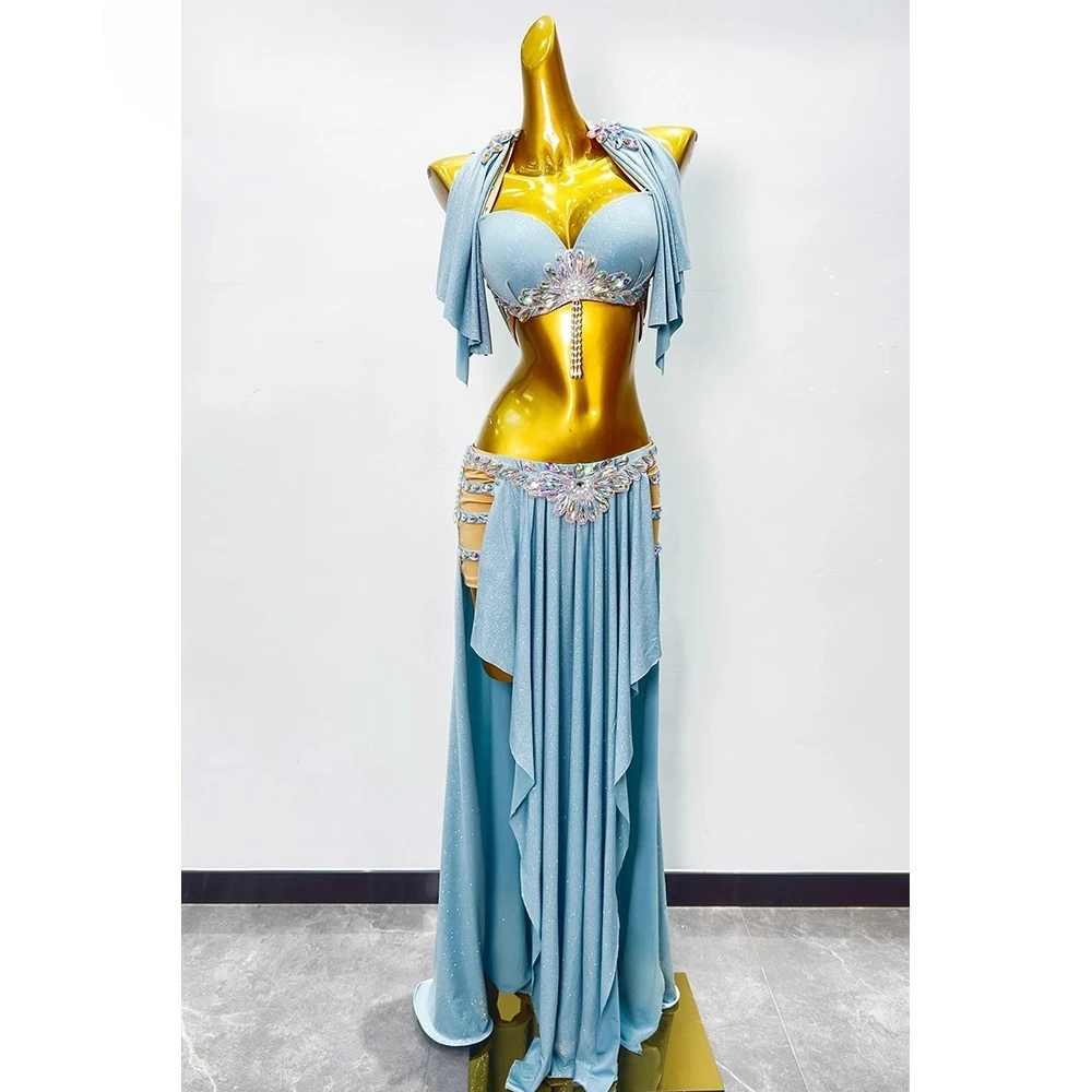 Abito da pratica personalizzato per danza del ventre Abito da pratica Haze Blue Costumi di danza orientale Set di abiti da spettacolo Gonna reggiseno femminile