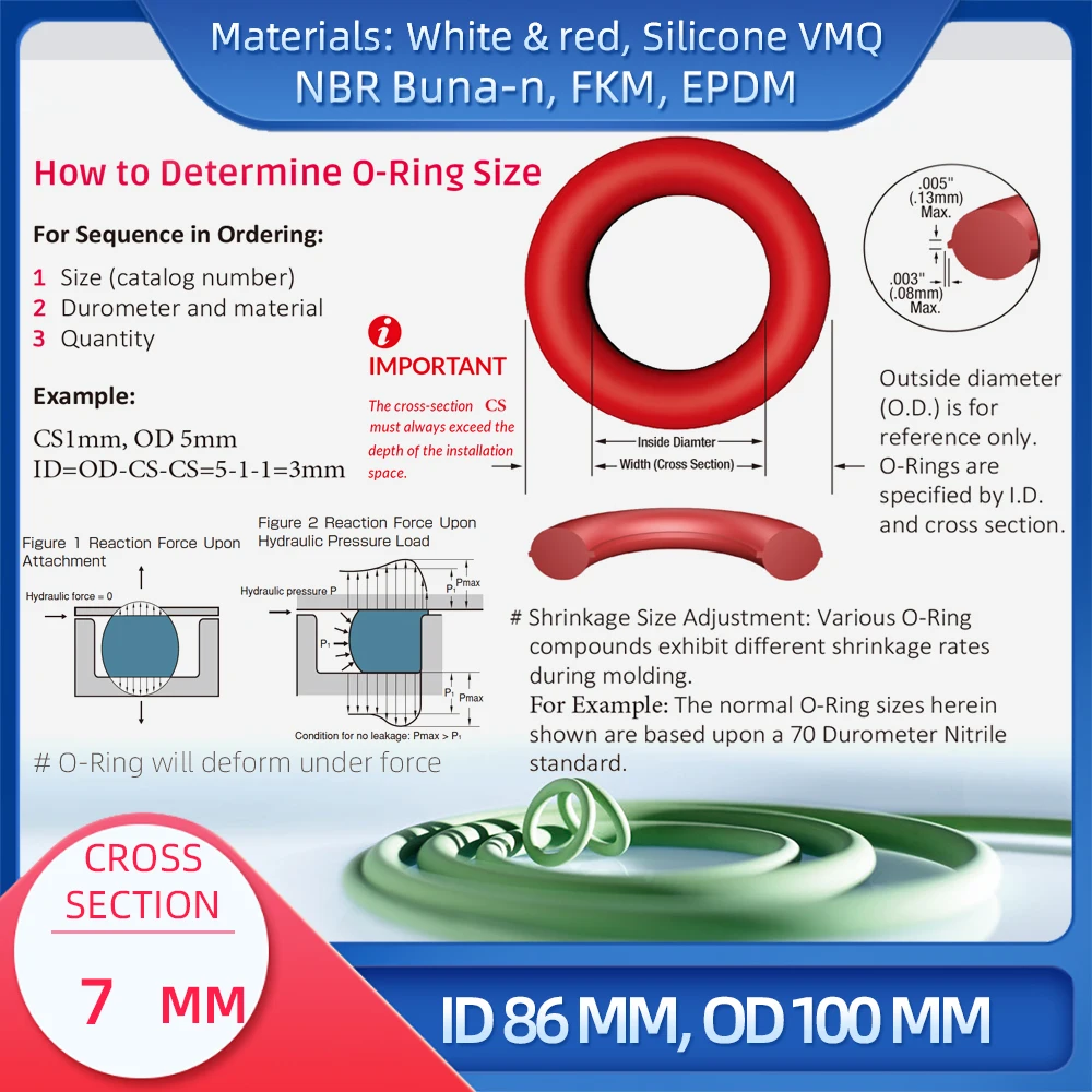 O Ring CS 7 mm ID 86 mm OD 100 mm Material With Silicone VMQ NBR FKM EPDM ORing Seal Gask