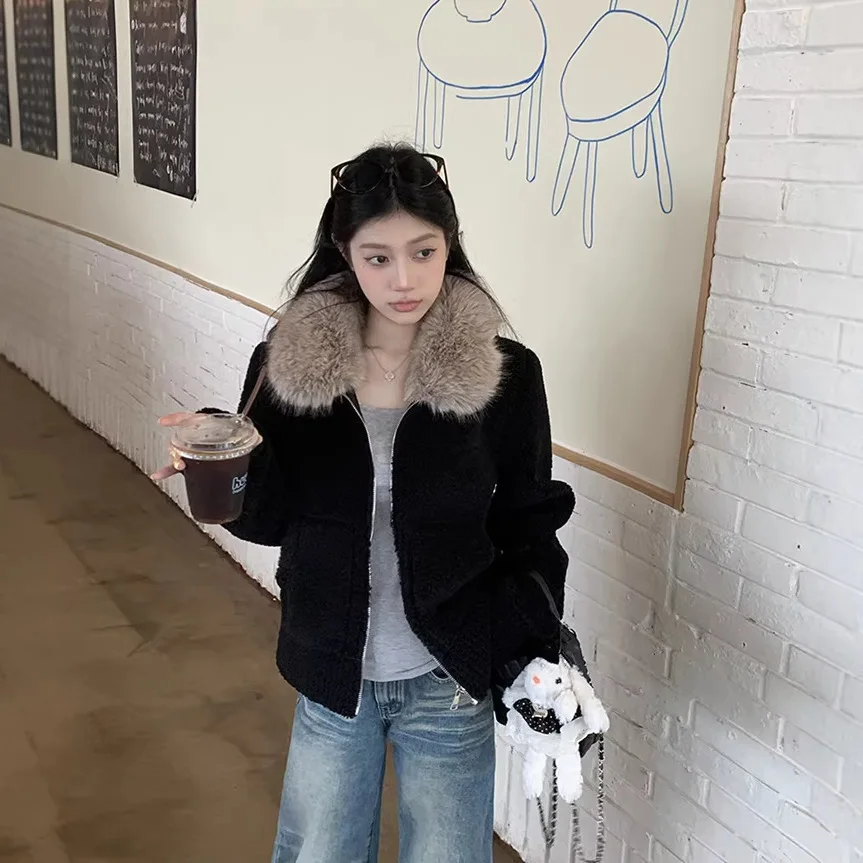 Black Big Fur Collar Sherpa Vintage Shearling Thick Large Grain Short Coat