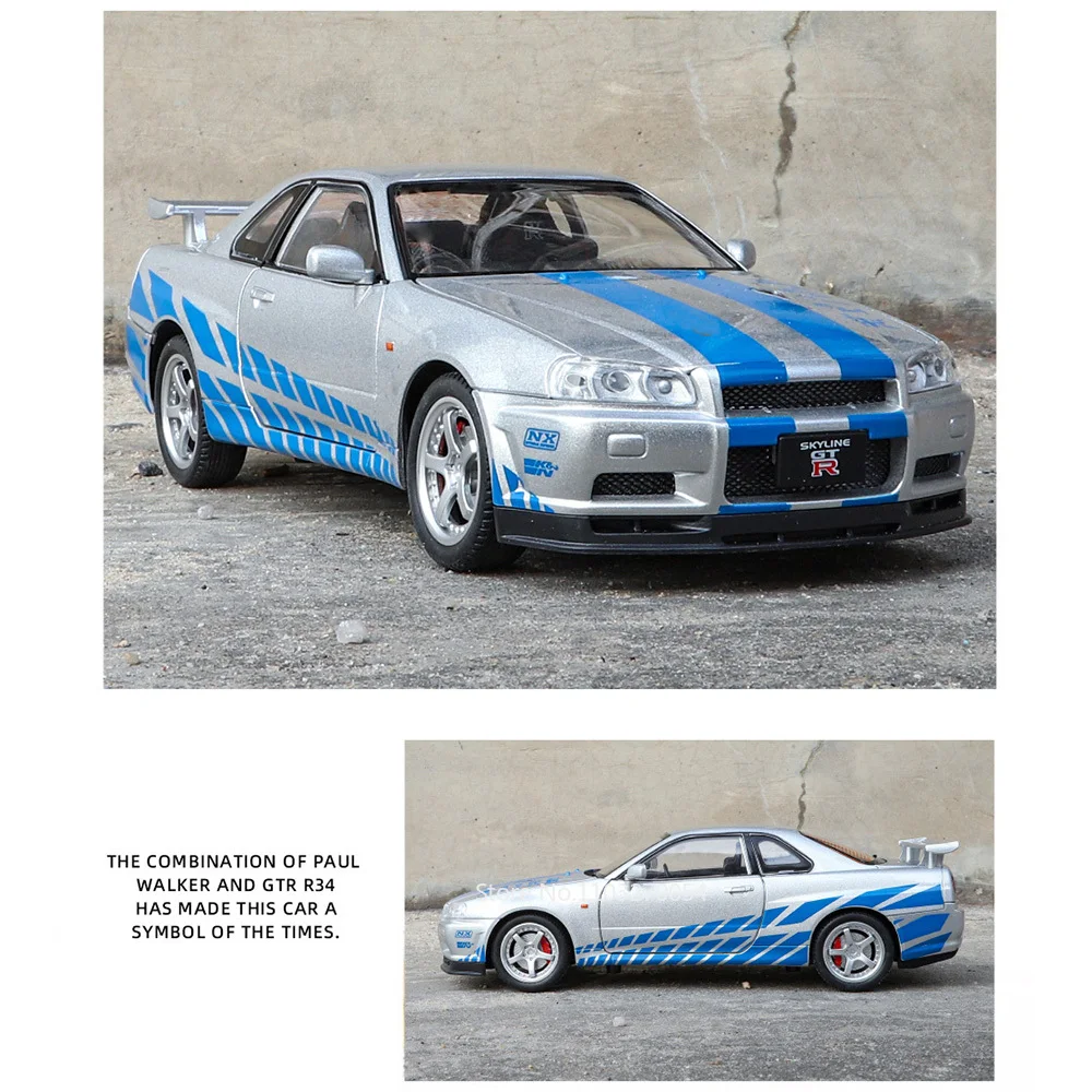 1/24 Nissan GTR R34 Auto Modell Spielzeug Skyline Legierung Druckguss Straßen autos mit zurückziehen 4 Türen geöffnet Sound Licht Spielzeug für Jungen Geschenk