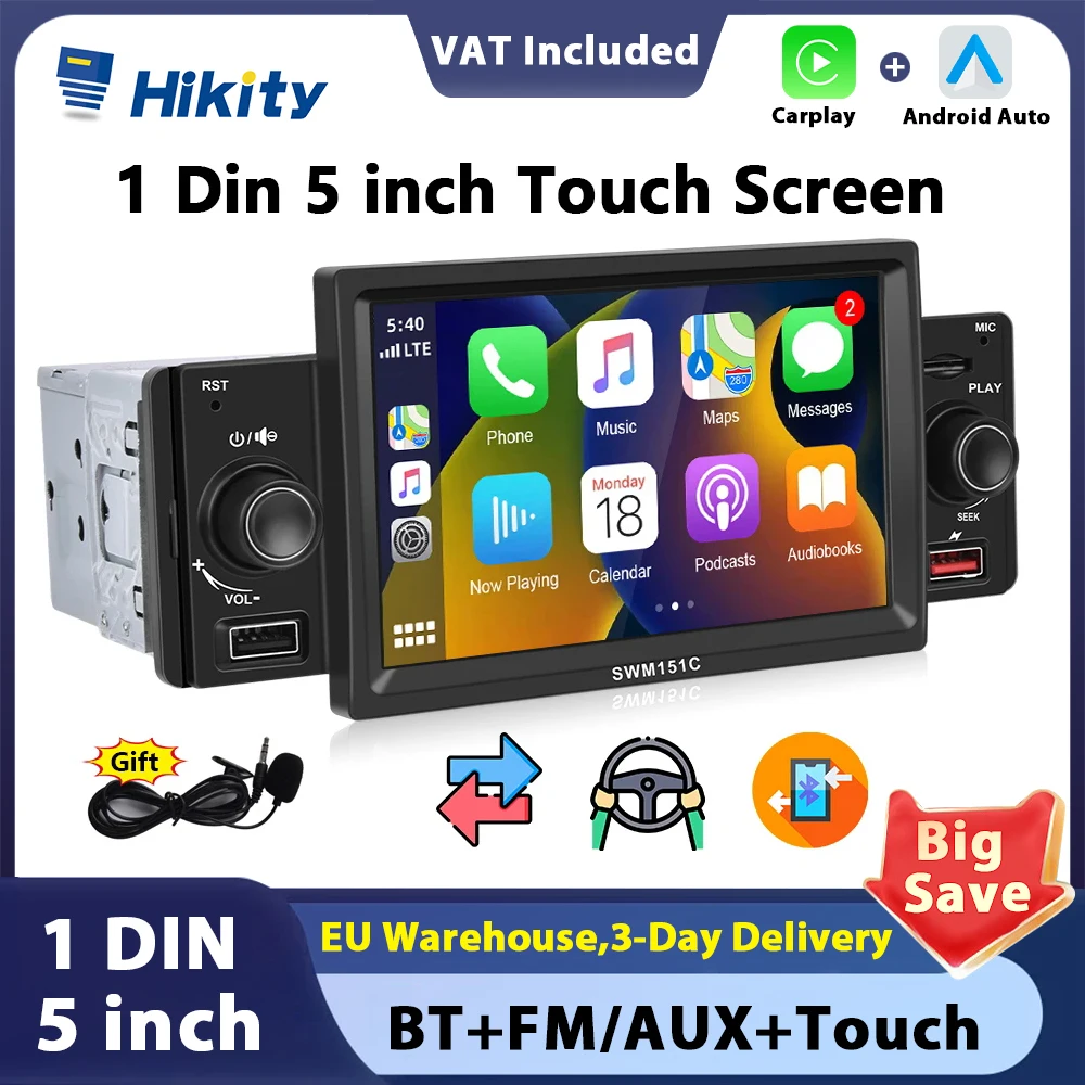 Hikity Universal 1 Din Autoradio Carplay MP5 Player Car Radio Auto Stereo Bluetooth Audio With Dual USB for Toyota Nissan KIA