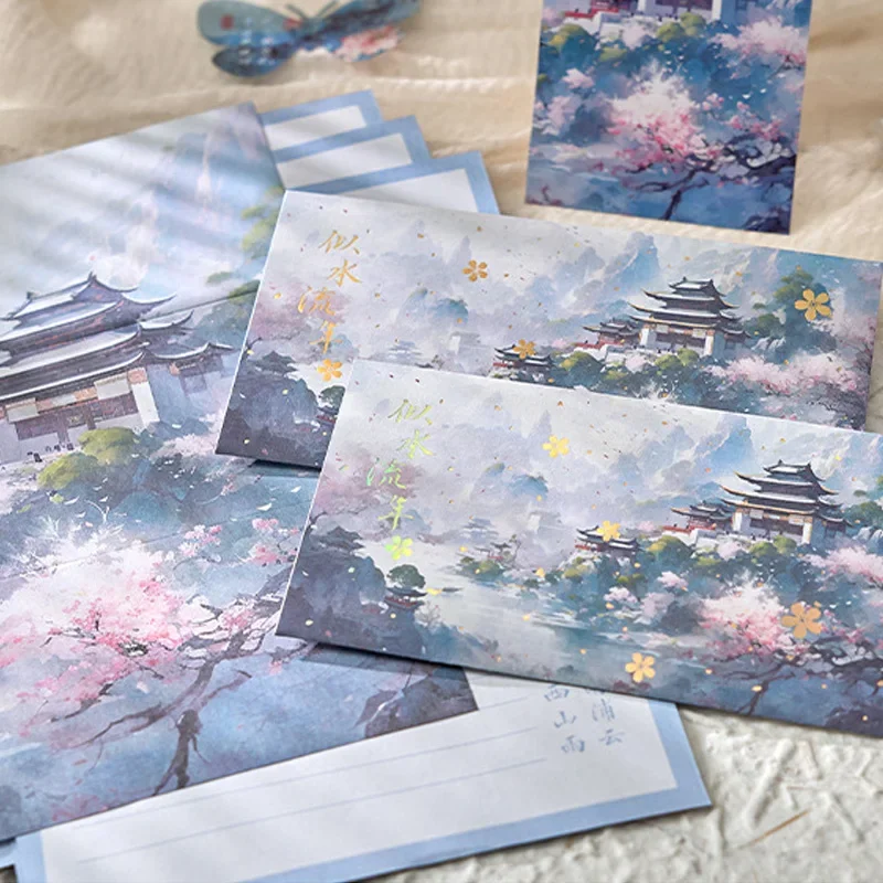 4 Envelopes 8 Writing Letter Paper with Sealing Label Retro Flower Envelope Aesthetic Sakura DIY Invitation Message Cards Gifts