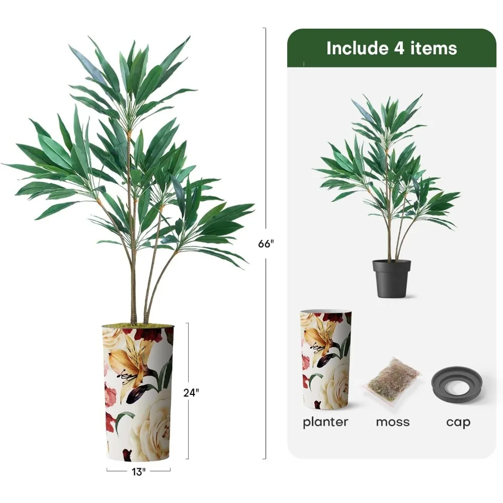 Artificial Tree in Modern Flower Pattern Planter, Fake Dracaena Tree Silk Tree for Indoor and Outdoor Home Decoration