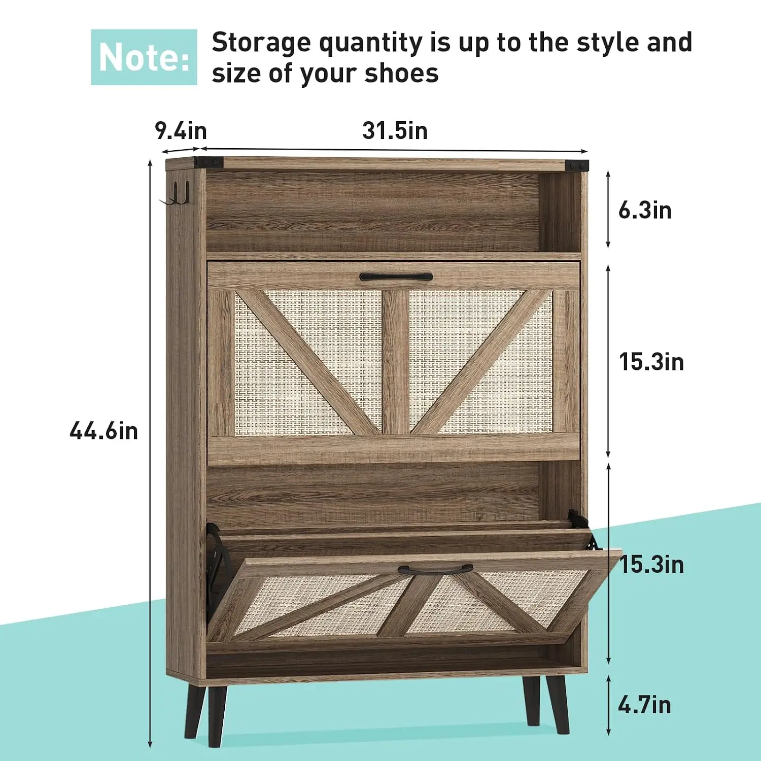 Shoe Cabinet 2 Flip Drawers Freestanding Narrow Organizer Open Storage Hidden Slim Rack Entryway Hallway Oak Rattan, Customized