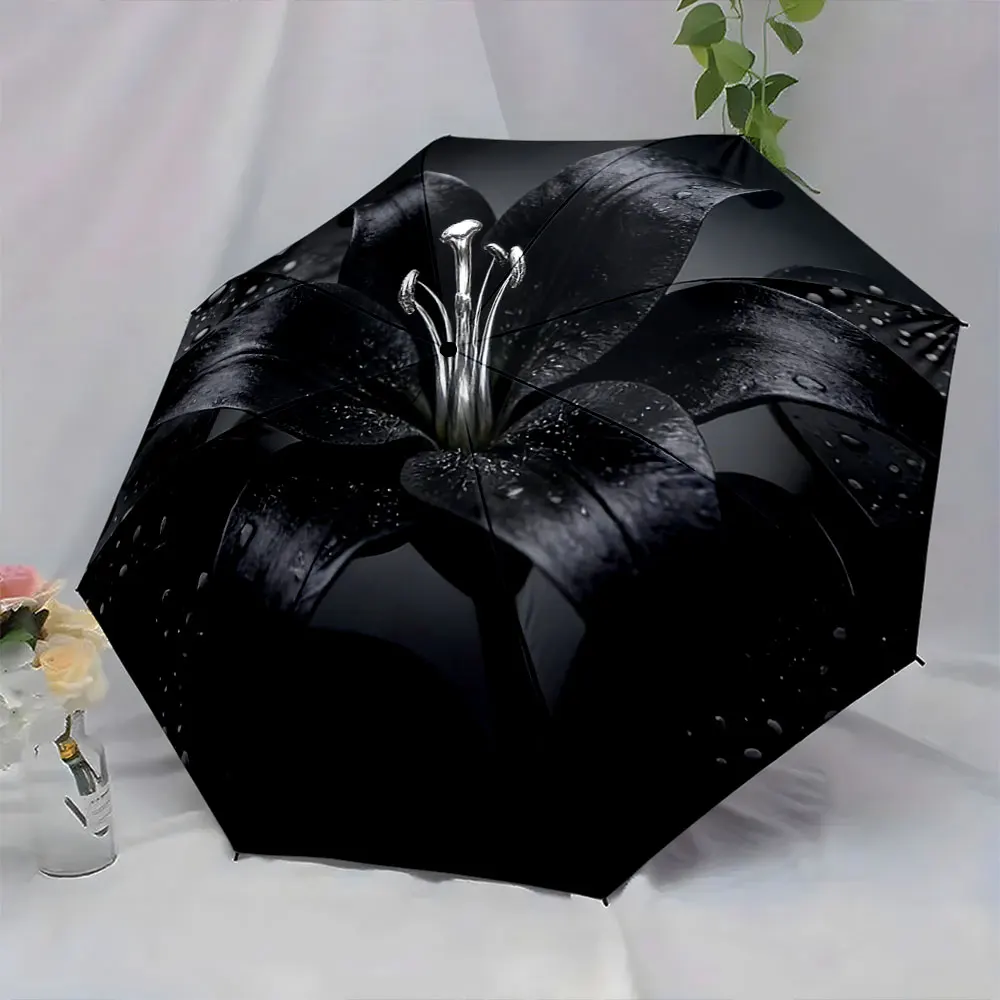 1PC Elegant Black Lily Design on Umbrella Print 8 Iron Ribs Folding Umbrella Auto-Open Fashion Sunshade