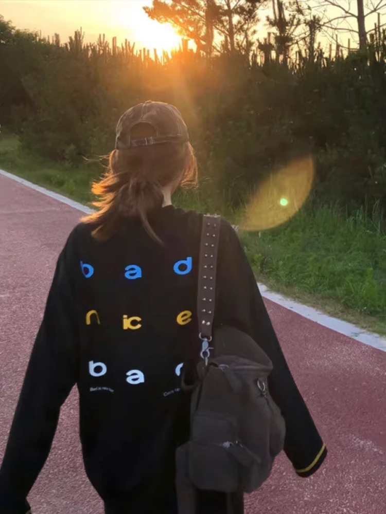 

Повседневная свободная длинная футболка Sve Base irt, тонкая ранняя осень Lazy Sle, корейская версия, свободные топы для пар, уличная футболка