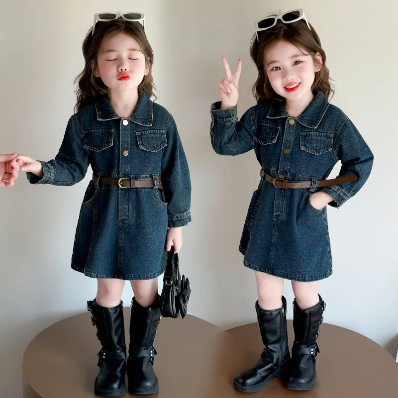 

Girls Denim Long Sleeved Dress Spring Autumn 2025 New Children's Korean Version Fashion Little Kids Casual Top Trend
