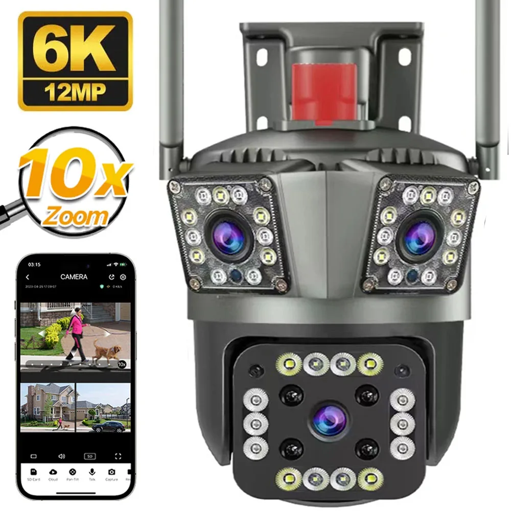 

12MP PTZ WiFi 8K Dual Lens Screen Camera Outdoor Three Screens Protection Motion Detection Outdoor CCTV Survalance IP Cameras