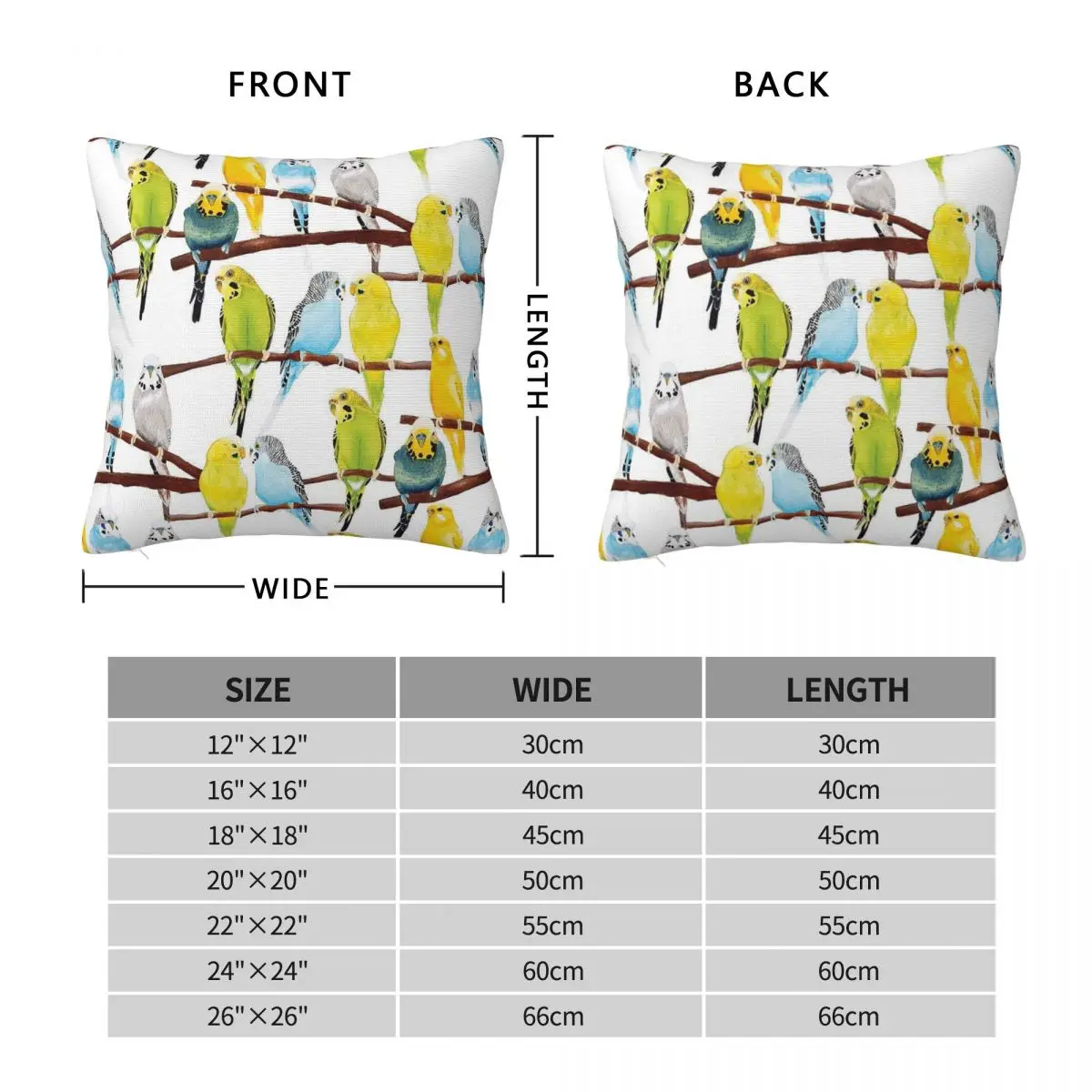 Budgie Watercolour Square Pillowcase Polyester Linen Velvet Pattern Zip Decorative Throw Pillow Case Seater Cushion Cover 45x45