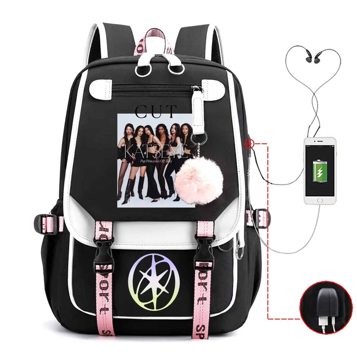 Color Blocking Backpack For Teen Girls Boys Pop Idol Team Print Fluffy Ball Decor Student School Outdoor Laptop Rucksack Bag