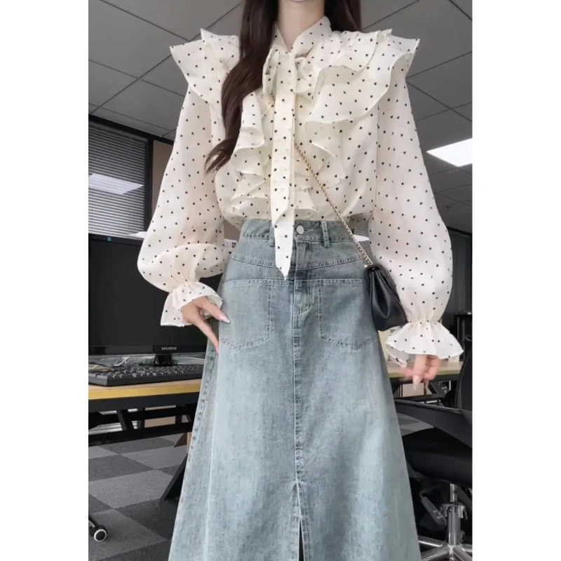 

Рубашка во французском стиле с рюшами в горошек, новая женская одежда, крутой стиль, высококачественный супер красивый топ