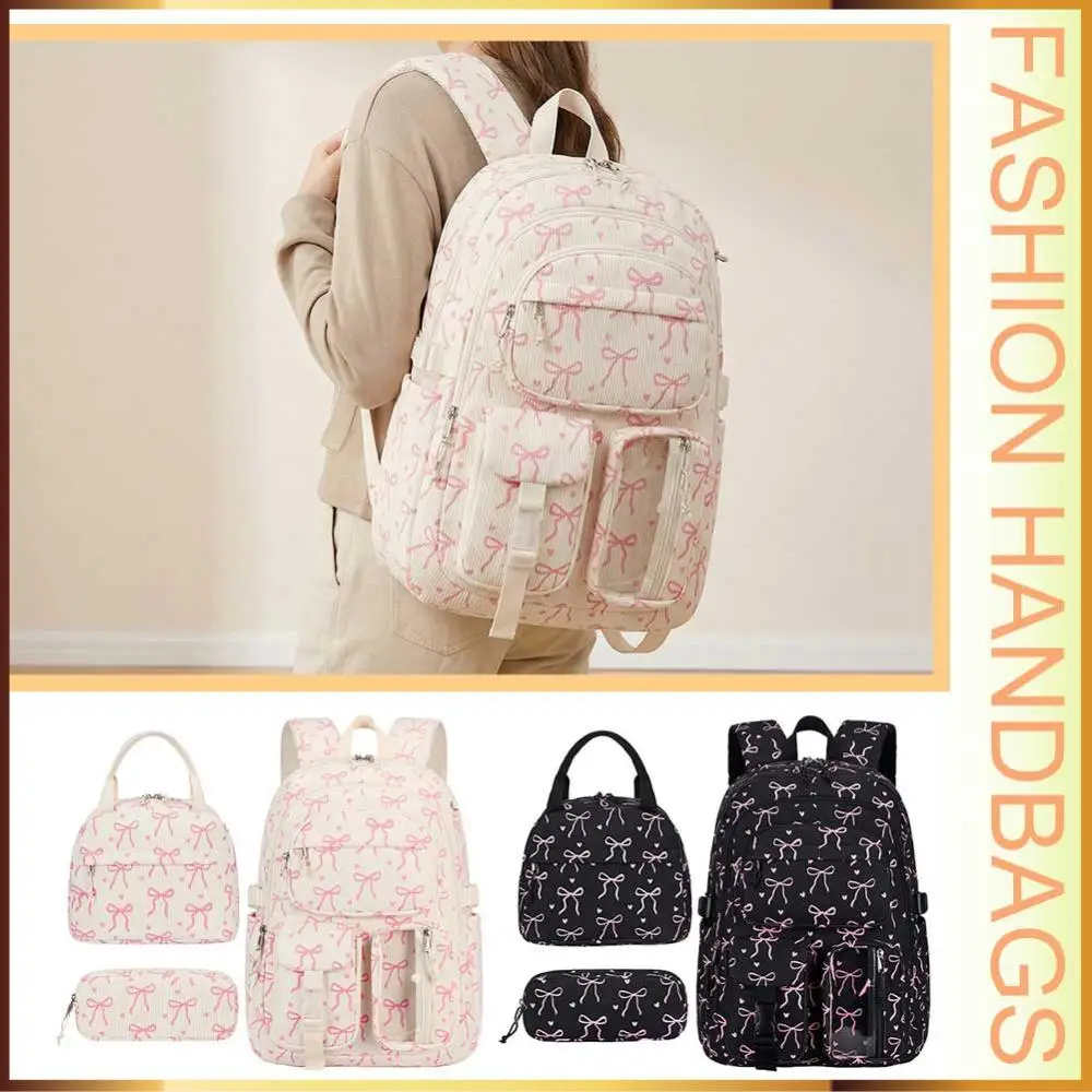 

Women Bow Corduroy Laptop Backpacks Large-capacity Bookpack with Lunch Bag and for Elementary Middle Students
