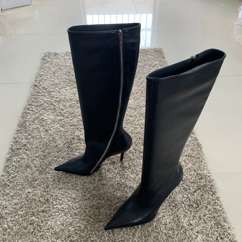 Brand Fashion Women Knee High Boots Zip Pointed Toe Footwear 10CM High Heels Female Long Boots Party Shoes Women 2023 New Winter