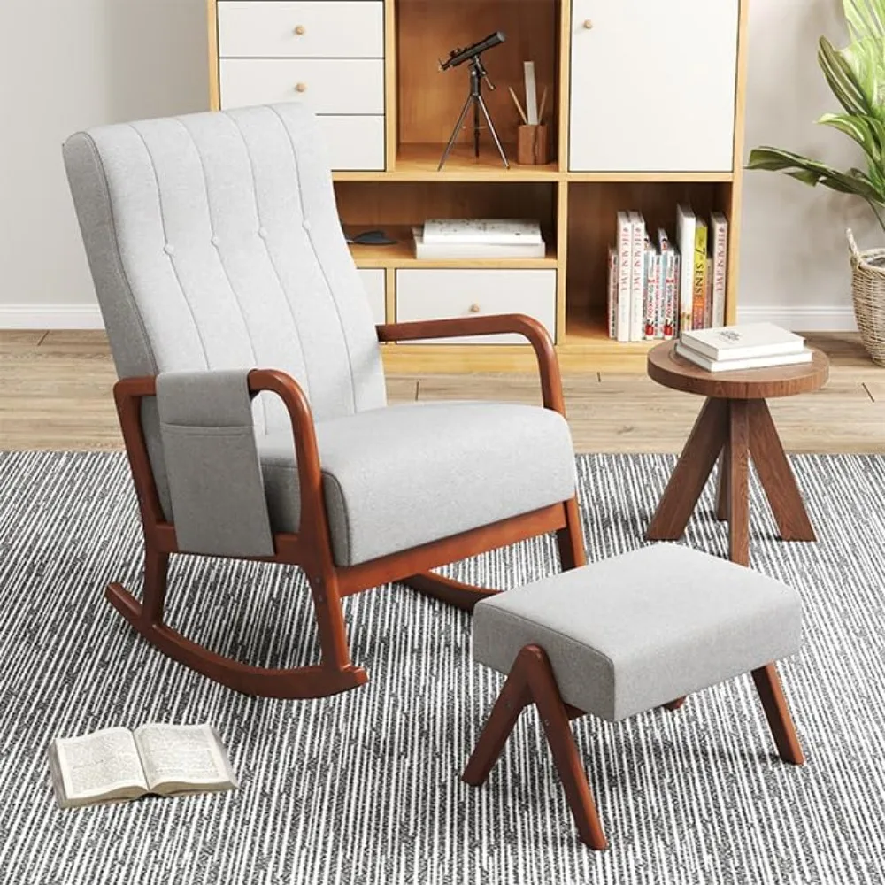 

Ottoman style kindergarten rocking chair, cushioned rocking chair with footrest, side pockets, stable rubber frame