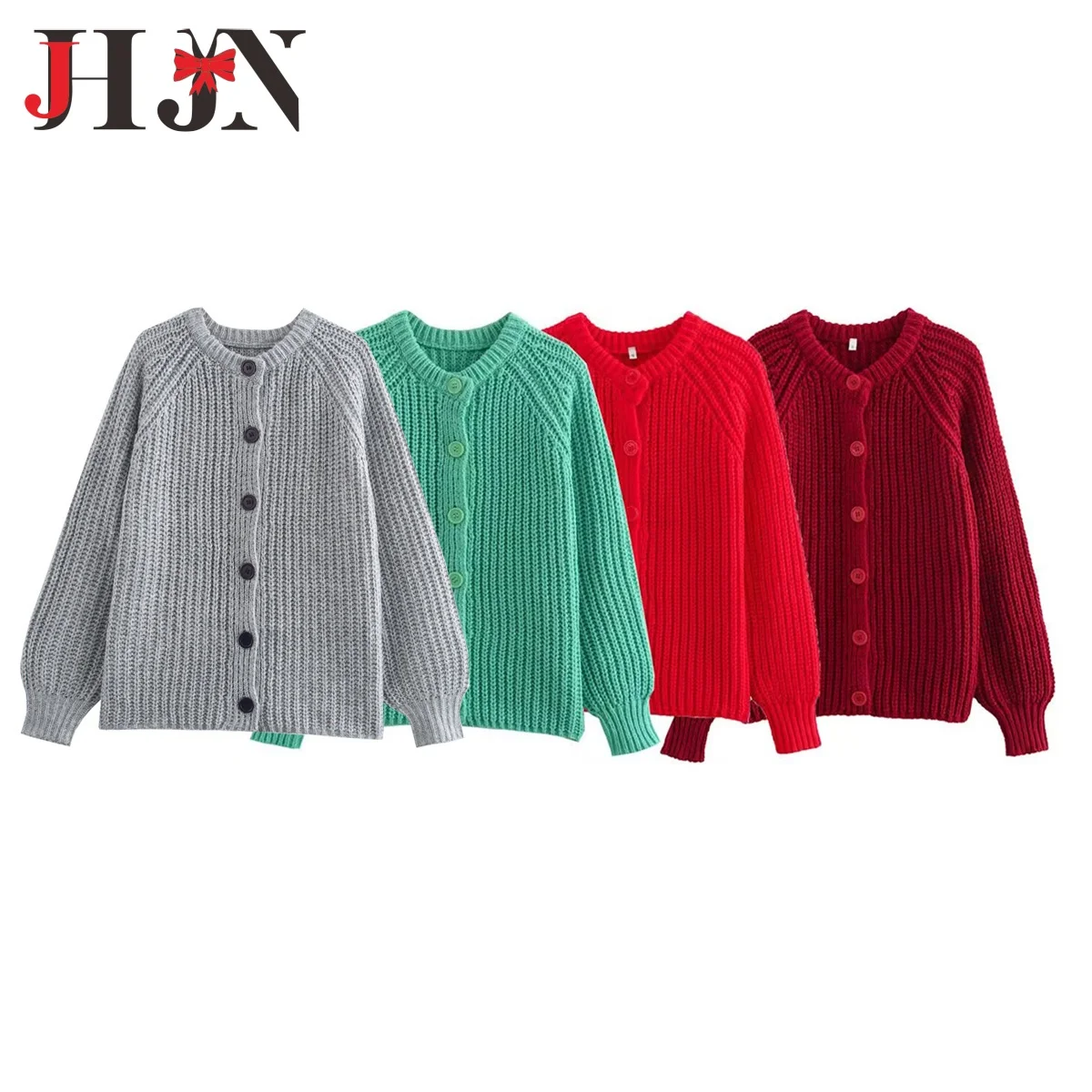 JHJN Multicolor Woman Knitwear O-Neck Single Breasted Tops Long Sleeves Loose Outerwear Solid Color Coat Fashion Female Clothing