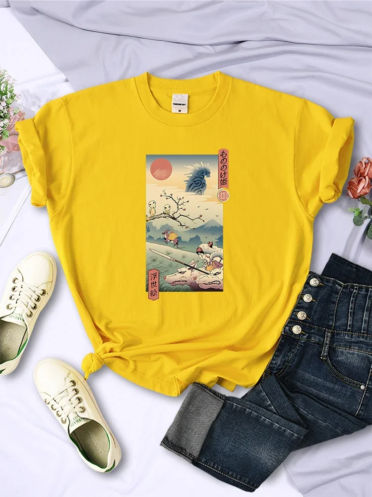 Breathable T Shirt Wolf Princess Ukiyo Japan Style Female Short Sleeve Hip Hop Casual Summer Tops Street Soft Womens Clothing