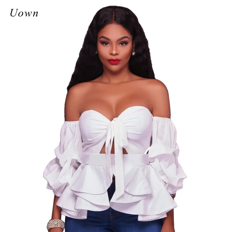 

Sexy Off the Shoudler Ruffle Blouse Shirt Black White Backless Bow Tie Front Long Sleeve Ladies Shirt Trendy Women Party Tops