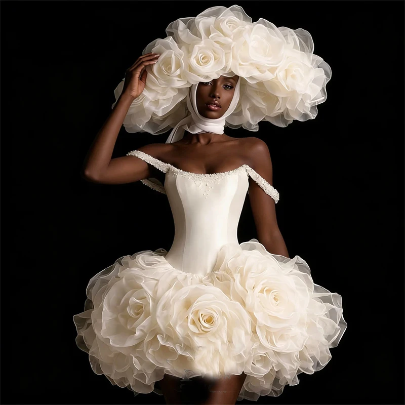 OLOEY Fantistic Flowers Short Wedding Party Dresses 2026 Off The Shoulder Beads 3D Flowers Puffy Girls Party Dress Customized