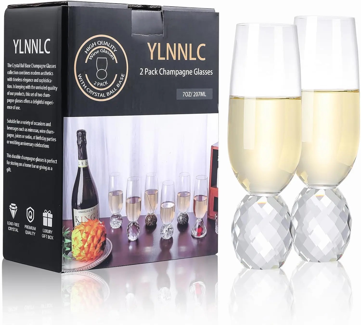 

7oz Stemless Crystal Champagne Flutes Set of 2, Lead-Free, Reusable Wine & Mimosa Glasses for Wedding, Birthday, Valentine's Day