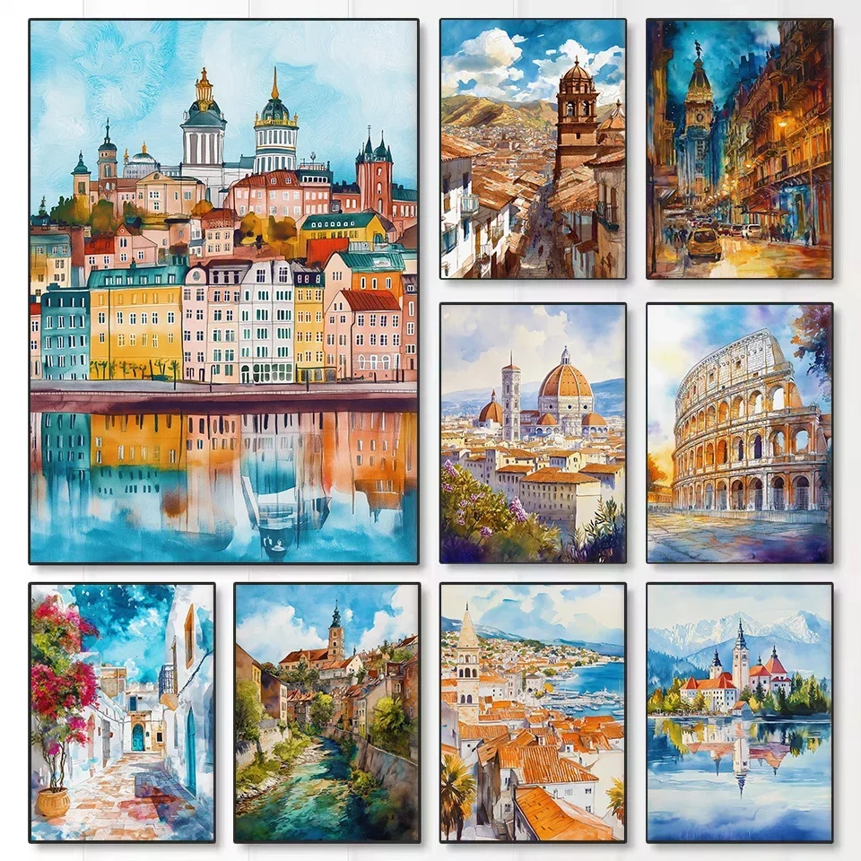 (No frame)Retro Watercolor European Travel Cities World Cityscape Scenery Poster Printed Canvas Painting Wall Art Pictures Ho