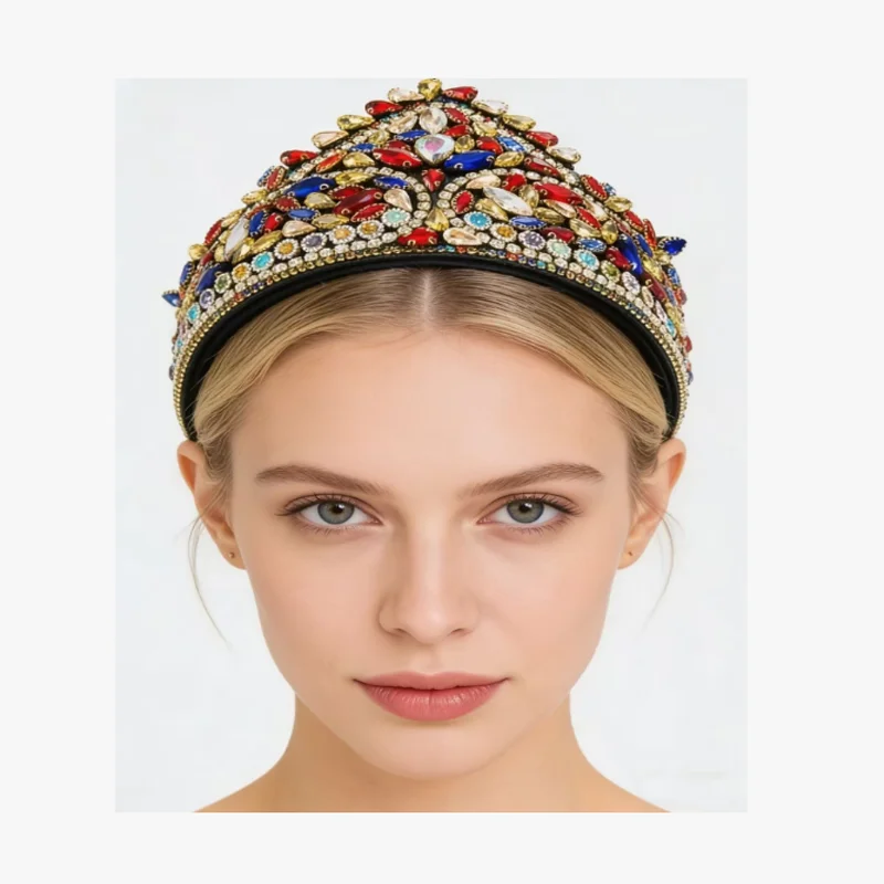 

Retro Crown Shaped Headband with Baroque Color Full Diamonds Women Luxury Wide Edge Hair Accessories Wedding Hair Clip Headwear