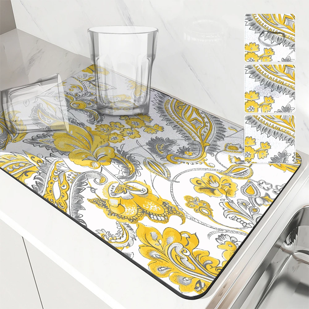 أوراق شجر زهور بألوان مائية ماصة ، خطوط بيزلي ، حصيرة تجفيف مانعة الانزلاق ، وسادة تصريف حمام سريعة الجفاف ، حصيرة أدوات طاولة المطبخ