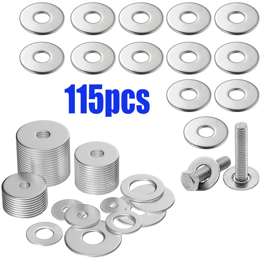 115 Large Wide-Body Stainless Steel Flat Washers M4, M5, M6, M8, for Home Maintenance, Shop Repairs, and Outdoor Building Repair